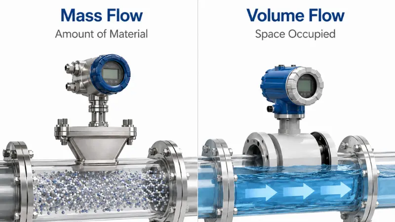 Technical diagram comparing mass flow as material quantity and volume flow as occupied fluid volume Technical diagram comparing mass flow as material quantity and volume flow as occupied fluid volume