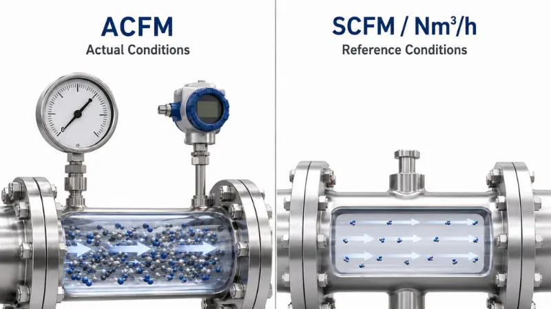 Actual gas flow versus standard gas flow comparison showing ACFM SCFM and Nm3 per hour Actual gas flow versus standard gas flow comparison showing ACFM SCFM and Nm3 per hour
