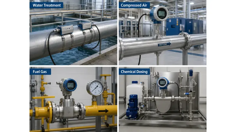 Industrial applications for mass flow and volume flow measurement in water compressed air fuel gas and chemical dosing Industrial applications for mass flow and volume flow measurement in water compressed air fuel gas and chemical dosing
