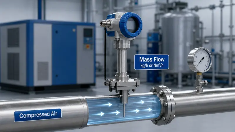 Thermal mass flow meter measuring compressed air mass flow in an industrial gas pipeline Thermal mass flow meter measuring compressed air mass flow in an industrial gas pipeline