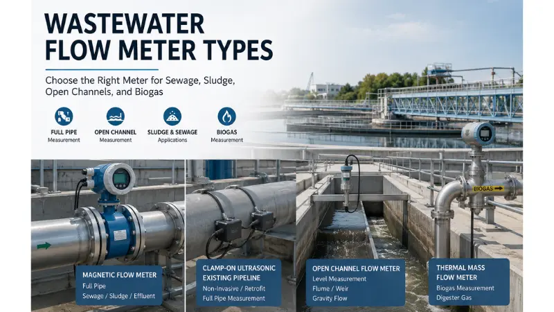 Wastewater treatment plant showing magnetic, ultrasonic, open channel, and biogas flow meter applications. Wastewater treatment plant showing magnetic, ultrasonic, open channel, and biogas flow meter applications.