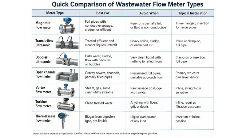 Comparison chart of wastewater flow meter types including magnetic, ultrasonic, open channel, vortex, turbine, and thermal mass meters. Comparison chart of wastewater flow meter types including magnetic, ultrasonic, open channel, vortex, turbine, and thermal mass meters.