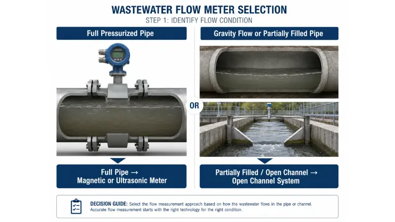 Full pressurized wastewater pipe compared with partially filled pipe and open channel flow measurement. Full pressurized wastewater pipe compared with partially filled pipe and open channel flow measurement.