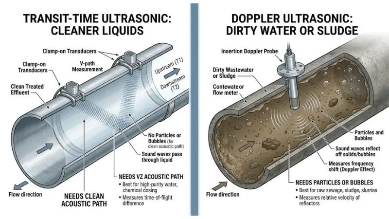 Transit-time and Doppler ultrasonic wastewater flow meters compared for clean effluent and dirty sludge applications. Transit-time and Doppler ultrasonic wastewater flow meters compared for clean effluent and dirty sludge applications.