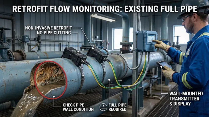 Clamp-on ultrasonic flow meter installed on an existing wastewater pipe for non-invasive retrofit measurement. Clamp-on ultrasonic flow meter installed on an existing wastewater pipe for non-invasive retrofit measurement.
