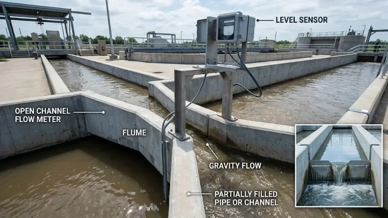 Open channel wastewater flow measurement using a flume and level sensor for gravity flow. Open channel wastewater flow measurement using a flume and level sensor for gravity flow.