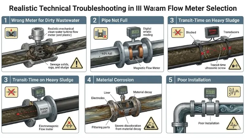 Common wastewater flow meter selection mistakes including clogged meters, partially filled pipes, sludge signal loss, corrosion, and poor installation. Common wastewater flow meter selection mistakes including clogged meters, partially filled pipes, sludge signal loss, corrosion, and poor installation.