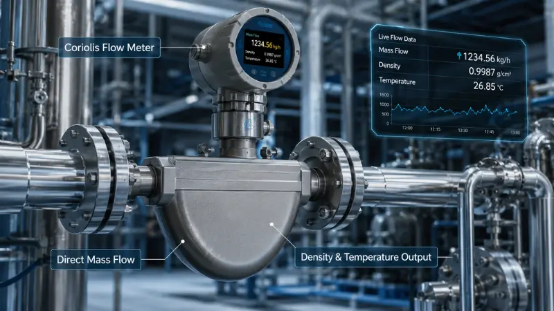 Coriolis mass flow meter installed on an industrial pipeline for direct mass flow, density, and temperature measurement