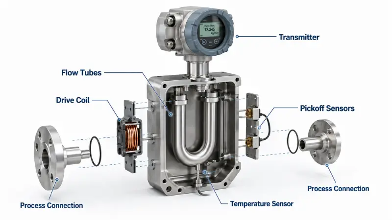 Exploded view of Coriolis mass flow meter components including flow tubes, sensors, drive coil, and transmitter