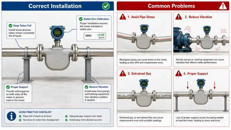 Correct and incorrect Coriolis flow meter installation conditions including full pipe, pipe support, vibration, and zero calibration